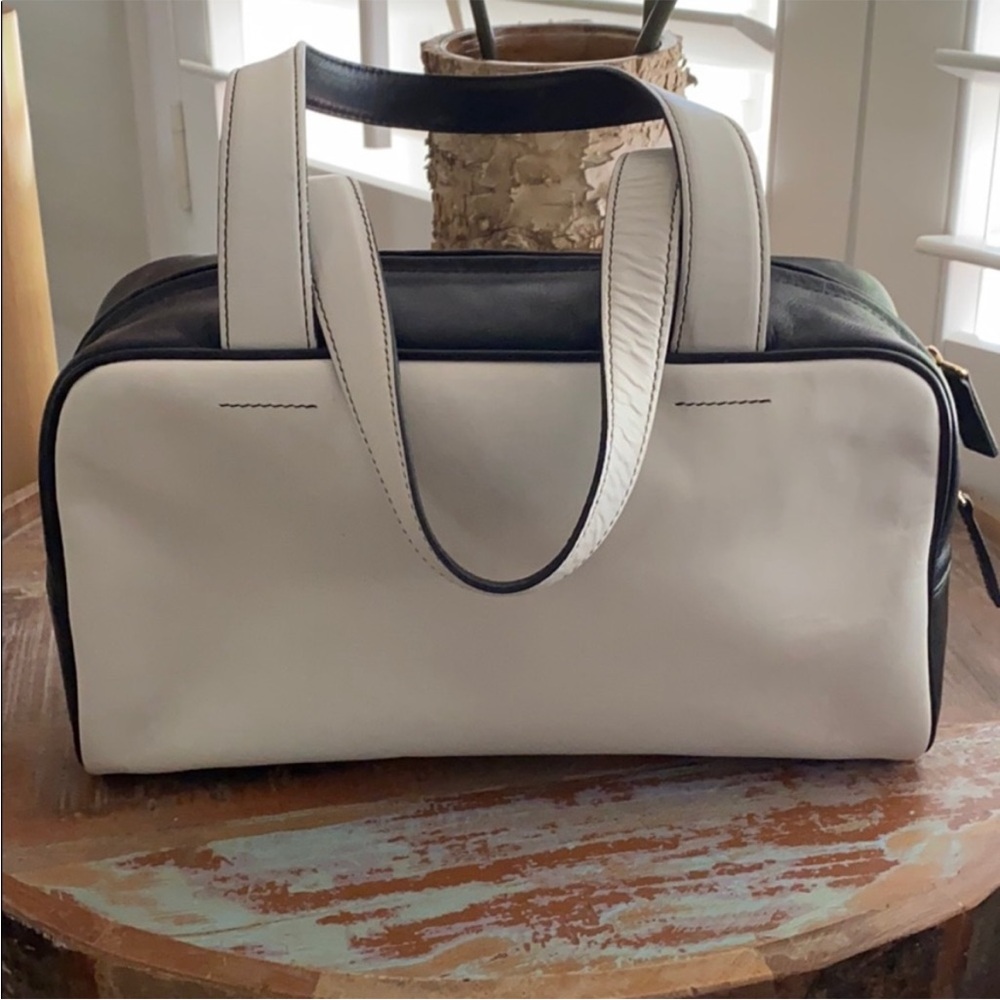 Black and White Adrienne Vittadini mini shoulder bag with black leather handles